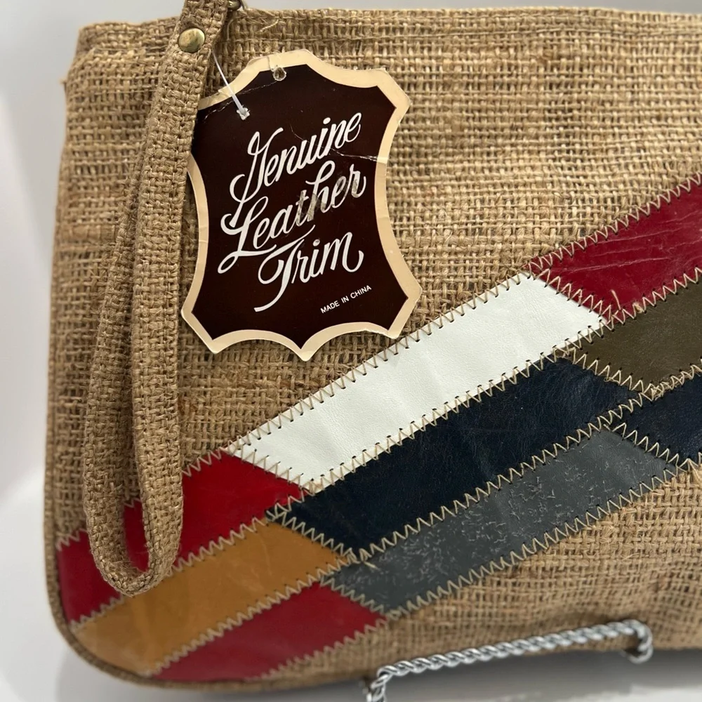 Vintage burlap / Jute zippered clutch with genuine leather trim & original tag.